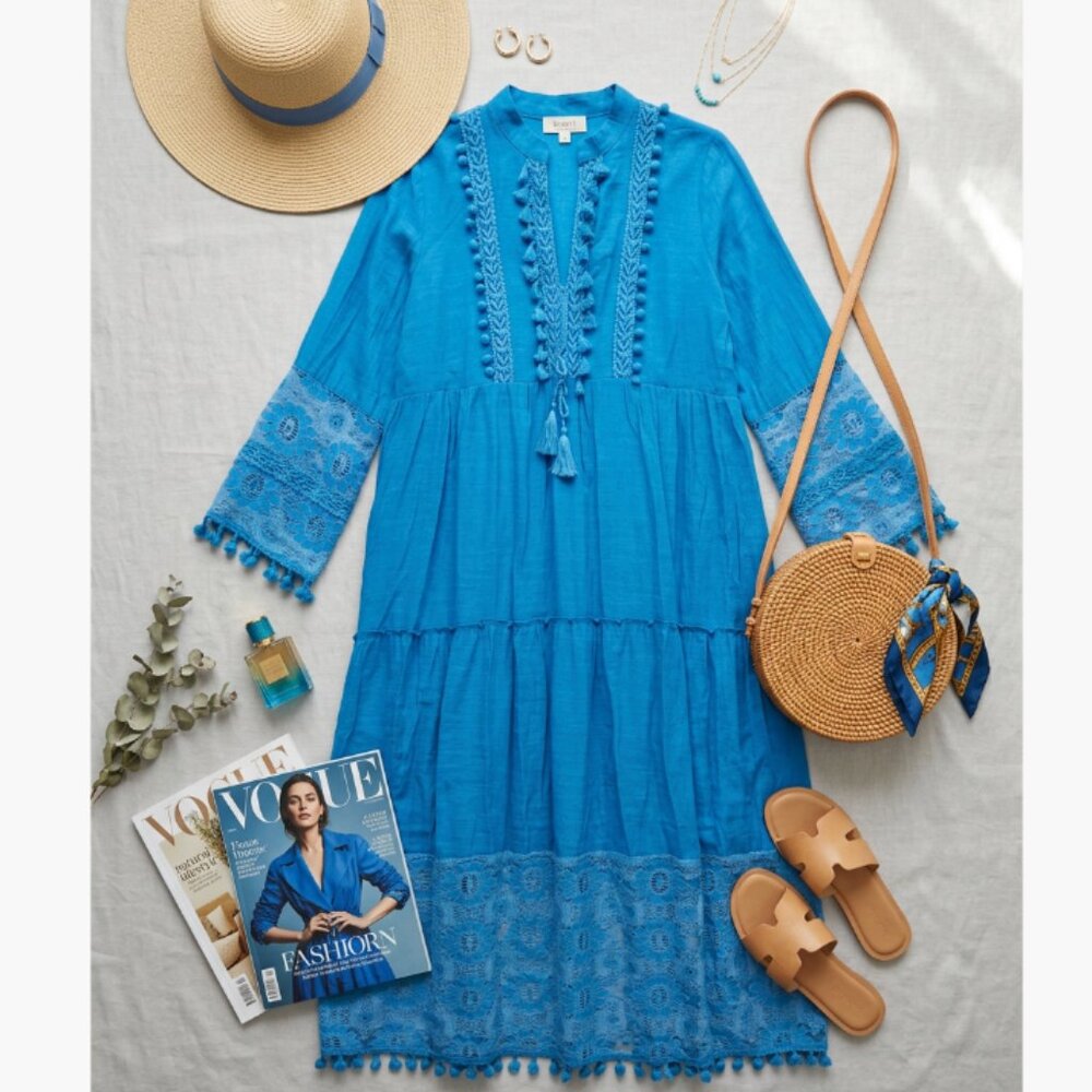 Women Summer Boho Floral Lace V Neck 3/4 Sleeve Beach Size Large